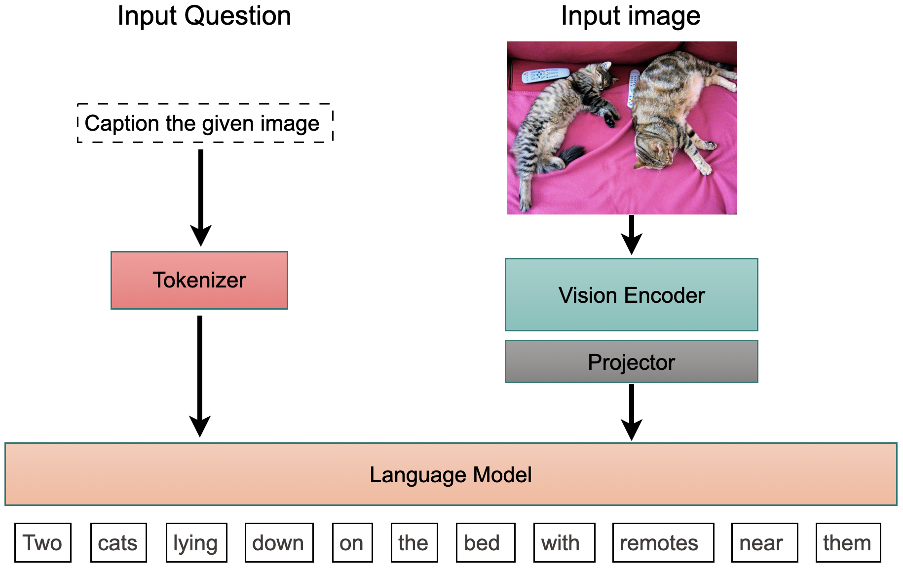 nanoVLM architecture: tokenizer and vision encoder feeding a language model that answers a question about an image